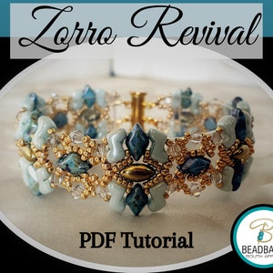 May include: A beaded bracelet featuring a blue and gold colour scheme. The bracelet is crafted with small, faceted beads and has a geometric design. The bracelet is displayed against a white background with the text "Zorro Revival PDF Tutorial" and a logo for Beadbarn South Africa.
