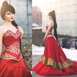 Queen Red Gold Ornaments Costume -  Overbust Corset, Long Gown Skirt and Tulle Sleeves, Fantasy Fairy Ball Princess Dress, Photoshoot Dress