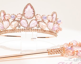 FAST SHIPPING!!! Rose Gold Girl Sparkling Pearl Tiara with Scepter, Gorgeous crystal crown, Stunning Sparkle Girl Tiara, Communion Princess