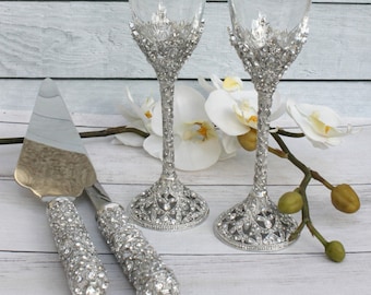 Swarovski Crystal Wedding toast Set, Champagne Glasses, Weeding Toasting flutes, Cake server Set, Cake Knife and Server Set