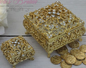 FAST SHIPPING!! Beautiful Swarovski Crystal Wedding Rings and Arras Box Set, Jewelry Box, Rosary Box