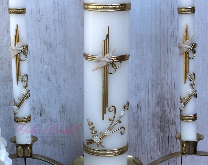 Wedding Unity Candle Set w/ Silver Stand (4 Piece Set)