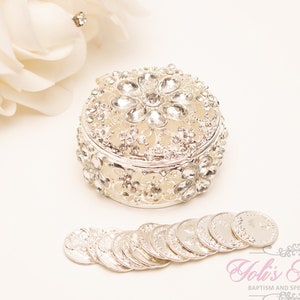 ¡¡NUEVO!! Arras de boda de plata con cristales y diamantes de imitación, caja para anillos de boda, monedas de la unidad, cofre del tesorero, Arras de boda, Arras de boda.