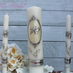 FAST SHIPPING!! Beautiful Silver Unity Candle Set with Silver Base Included in a Gorgeous Deluxe Box. Introductory Price until July 15th.