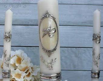 FAST SHIPPING!! Beautiful Silver Unity Candle Set with Silver Base Included in a Gorgeous Deluxe Box. Introductory Price until July 15th.