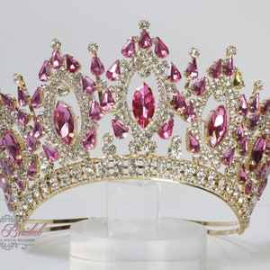 Fast Shipping!! Gold Fuchsia Stones Tiara, Beauty Pageant, Bridal Crown, Wedding Tiara, Quinceañera Crown, Sweet 16, Pink Tiara, Hot Pink