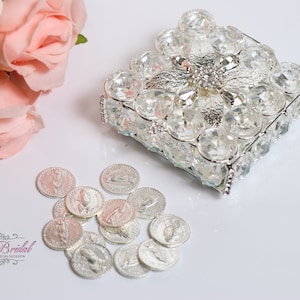 ENVÍO RÁPIDO Hermosos arreglos nupciales de plata brillante, hermosa caja de arreglos nupciales de cristal, impresionante caja de monedas de unidad de novia con brillo