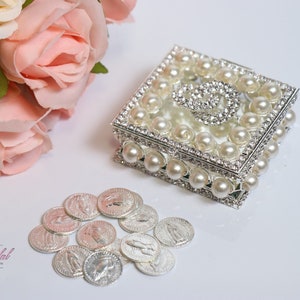 ENVÍO RÁPIDO Hermosas Arras de Plata con Perlas, Hermosa Caja de Arras de Boda de Cristal, Impresionante Caja de Monedas de Unidad de Novia Brillante
