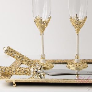 FAST SHIPPING!!! Gold Swarovski Crystal Toast Set, Sparkling Champagne Glasses, Wedding Toasting flutes, Cake Knife and Server Set Gift