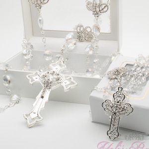 ¡ENVÍO RÁPIDO! Hermoso lazo de boda y rosario a juego en plata con cristales AB. Cordón de la Unidad para bodas. Regalo de boda.