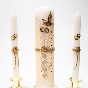 FAST SHIPPING!! Beautiful Gold Unity Candle Set with Gold Base Included in a Gorgeous Deluxe Box