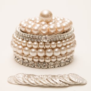 ¡NUEVO! Arreglos nupciales de plata o oro con perlas, caja para anillos de boda, monedas de la unidad, cofre del tesoro, arreglos nupciales, arreglos nupciales, regalo de boda