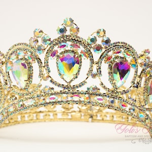 FAST SHIPPING!! Gold AB Round Crown, Royal Crown, Full Crown, Tiara, Wedding Crown, Crown, Quinceañera, Crystal Crown, Sweet 16, Pageant
