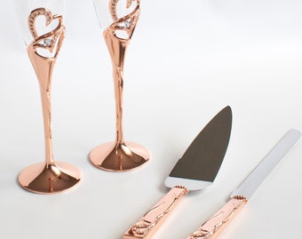 FAST SHIPPING!! Rose Gold Wedding Toast Set, Champagne Glasses, Wedding Toasting Flutes, Cake Server Set, Cake Knife and Server Set