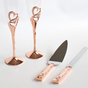 FAST SHIPPING!! Rose Gold Wedding Toast Set, Champagne Glasses, Wedding Toasting Flutes, Cake Server Set, Cake Knife and Server Set