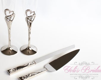 FAST SHIPPING!!! Silver Crystal Wedding Toast Set, Champagne Glasses, Silver Wedding Toasting Flutes, Cake Set, Cake Knife and Server Set