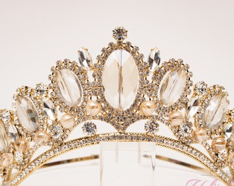 ¡ENVÍO RÁPIDO! Tiara brillante de oro, Tiara de cristal, Tiara de boda, Corona, Tiara princesa, Quinceañera, Tiara dulce 16, Tiara nupcial