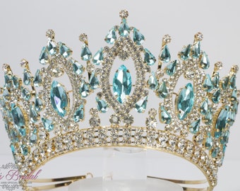 ¡¡ENVÍO RÁPIDO!! Tiara de piedras de oro y azul cielo, hermosa tiara de oro, tiara brillante, corona de oro, corona de oro y azul, tiara de oro, tiara azul