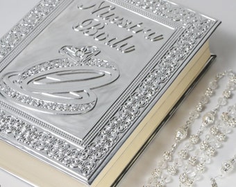 FAST SHIPPING!! Large Spanish Bible, Wedding Bible, Spanish Bible, Catholic Bible, Spanish Wedding Bible, Bible and Rosary, Silver Bible