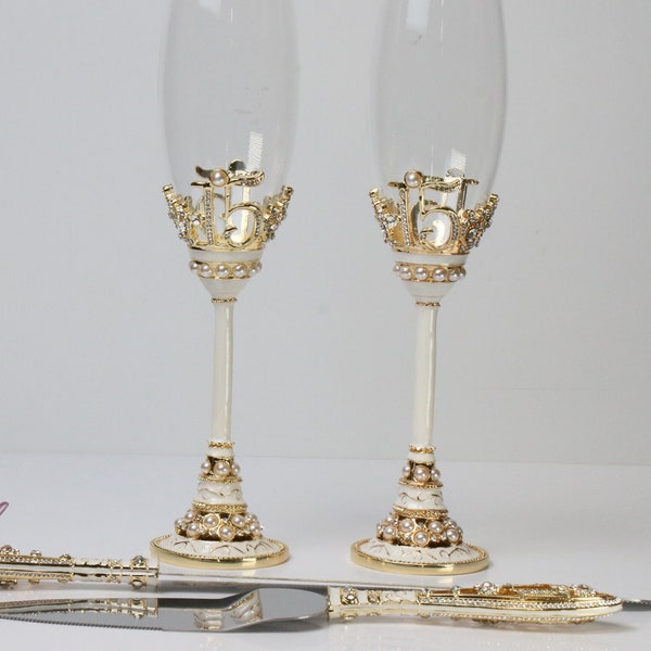 FAST Shipping! Gold Quinceañera Toast and Cake Server Set, Champagne Flutes, XV Knife Set, Gold XV Glasses with Pearls, Quinceañera