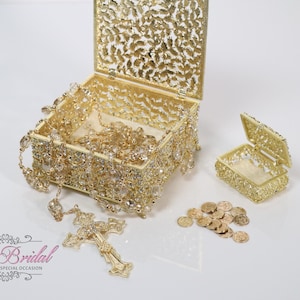 Fast Shipping!! Gold Beautiful Swarovski Crystal Box Set with Wedding Lasso, Wedding Arras Set