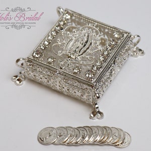 FAST SHIPPING!! Our Lady of Guadalupe, Beautiful Sparkling Silver Arras, Crystal Silver Wedding Box, Stunning Sparkle Bride Unity Coins