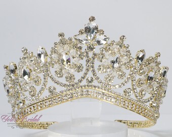 ¡¡Envío rápido!! Hermosa Tiara de Oro, Corona de Boda, Corona de Cristal, Dulce 16, Quinceañera, Tiara de Oro, Corona de Oro, Tiara Nupcial, Concurso