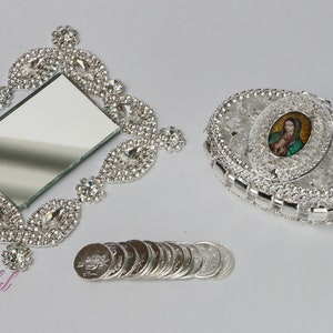 ¡¡ENVÍO RÁPIDO!! Nuestra Señora de Guadalupe, Monedas de Unidad de Plata, Arras, Hermosas Arras de Plata Brillante, Caja de Boda de Cristal, Monedas de Unidad Nupcial