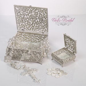 Envío rápido!! Silver Beautiful Swarovski Crystal Box Set con lazo de boda, conjunto de bodas Arras