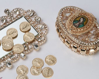 FAST SHIPPING!! Our Lady of Guadalupe, Beautiful Sparkling Gold Arras, Crystal Wedding Box, Stunning Sparkle Bride Unity Coins