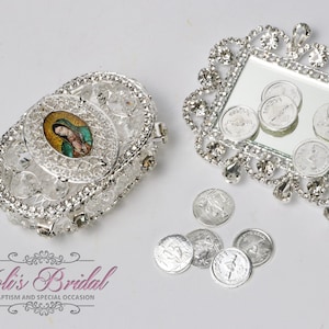ENVÍO RÁPIDO!! Nuestra Señora de Guadalupe, Hermosos Arras de Plata Brillante, Caja de Bodas de Cristal, Impresionantes Monedas de Unidad de Novia con Brillo