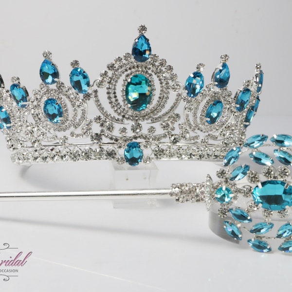 FAST SHIPPING! Silver Tiara adorned with Turquoise Crystals and Scepter, Blue crystals, Wedding, Sparkle Bridal, Sweet 16, Quinceañera