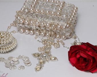 FAST SHIPPING!! Beautiful Wedding Lasso and Box Set in Silver, Wedding Lasso, Wedding Arras Set, Pearl Wedding Lasso, Lasso with Pearls