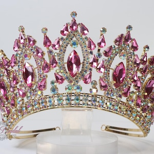 Fast Shipping!! Gold Fuchsia AB Stones Tiara, Beauty Pageant, Bridal Crown, Wedding Tiara, Quinceañera Crown, Sweet 16, Pink Tiara, Hot Pink
