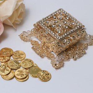 FAST SHIPPING!!! Beautiful Sparkling Gold Bridal Arras Set, Gorgeous Crystal Gold Square Wedding Box, Stunning Sparkle Bride Unity Coins