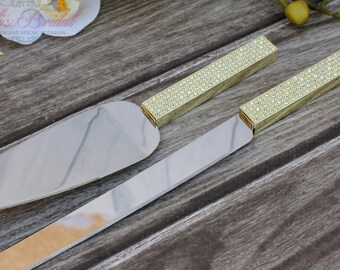 FAST SHIPPING!! Gold Swarovski Crystal Cake Knife and Server Set, Wedding Cake Server and Knife, Gold Cake Server and Knife