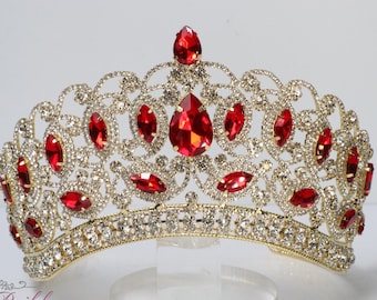 ¡¡ENVÍO RÁPIDO!! Corona de oro con piedras rojas, hermosa tiara de oro, impresionante tiara de oro brillante, tiara roja, tiara de rubí, corona de rubí, quinceañera