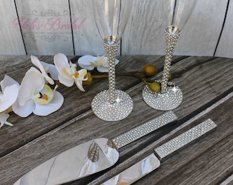 FAST SHIPPING!! Silver Swarovski Crystal Wedding toast Set, Champagne Glasses, Weeding Toasting flutes, Cake Knife and Server Set