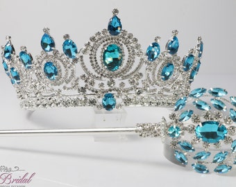 FAST SHIPPING! Silver Tiara adorned with Turquoise Crystals and Scepter, Blue crystals, Wedding, Sparkle Bridal, Sweet 16, Quinceañera