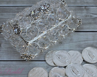 FAST SHIPPING!!! Beautiful Sparkling Silver Bridal Arras, Gorgeous Crystal Silver Wedding Arras Box, Stunning Sparkle Bride Unity Coins Gift