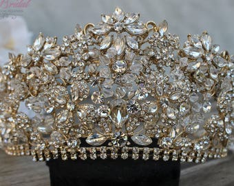 FAST Shipping!!! Swarovski Gold Tiara,  Cristal Gold Tiara, Wedding Tiara, Crown, Princess Tiara, Quinceañera, Cristal Headpiece, Sweet 16