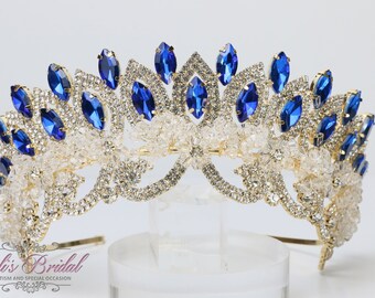 ENVÍO RÁPIDO!!! Tiara de piedras doradas y azules, hermosa tiara dorada, tiara brillante, corona dorada, corona dorada y azul, tiara dorada, dorada y azul