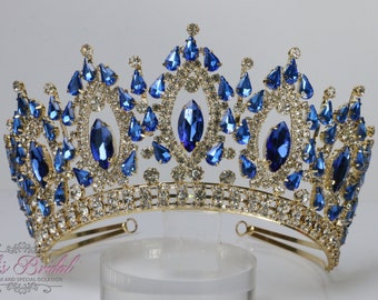 ¡ENVÍO RÁPIDO! Tiara de oro y piedras azules, hermosa tiara de oro, tiara brillante, corona de oro, corona de oro y azul, tiara de oro, oro y azul.