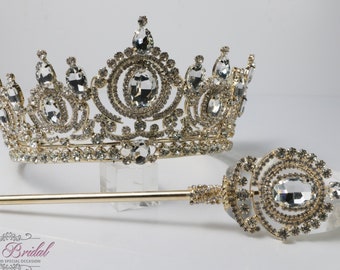 FAST Shipping! Beautiful Gold Tiara with Clear Stones and Scepter, Wedding Crown, Crystal Crown, Quinceañera Tiara, Gold Tiara, Gold Crown