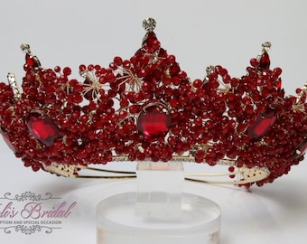 FAST SHIPPING! Red Tiara with Crystals and Gold Metal, Crystal Tiara, Wedding Tiara, Crown, Princess Tiara, Quinceañera, Sweet 16 Tiara