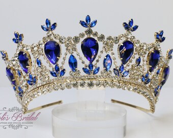 ¡¡¡ENVÍO RÁPIDO!!! Tiara de piedras doradas y azules, Tiara dorada preciosa, Tiara brillante, Corona dorada, Corona dorada y azul, Tiara dorada, dorada y azul