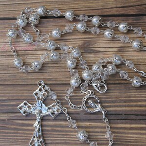 FAST SHIPPING!! Beautiful Silver Rosary with Pearls, Wedding Rosary, Communion Rosary, Christening Rosary, Confirmation Rosary, Rosary Gift