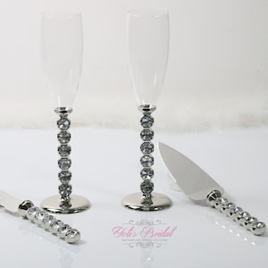 Fast Shipping!! Silver Wedding Toast Set, Champagne Glasses, Weeding Toasting Flutes, Cake Server Set, Cake Knife and Server Set