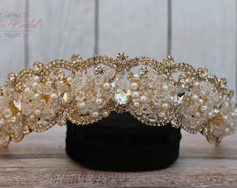 FAST SHIPPING!!! Gold Wedding Tiara with Pearls, Gold Crystal Bridal Tiara, Gold Bridal Crown, Princess Tiara, Quinceañera Crown, Sweet 16
