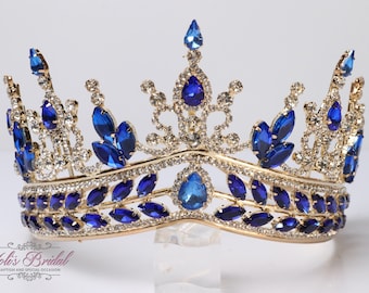 ¡¡¡ENVÍO RÁPIDO!!! Tiara de piedras doradas y azules, Tiara dorada preciosa, Tiara brillante, Corona dorada, Corona dorada y azul, Tiara dorada, dorada y azul